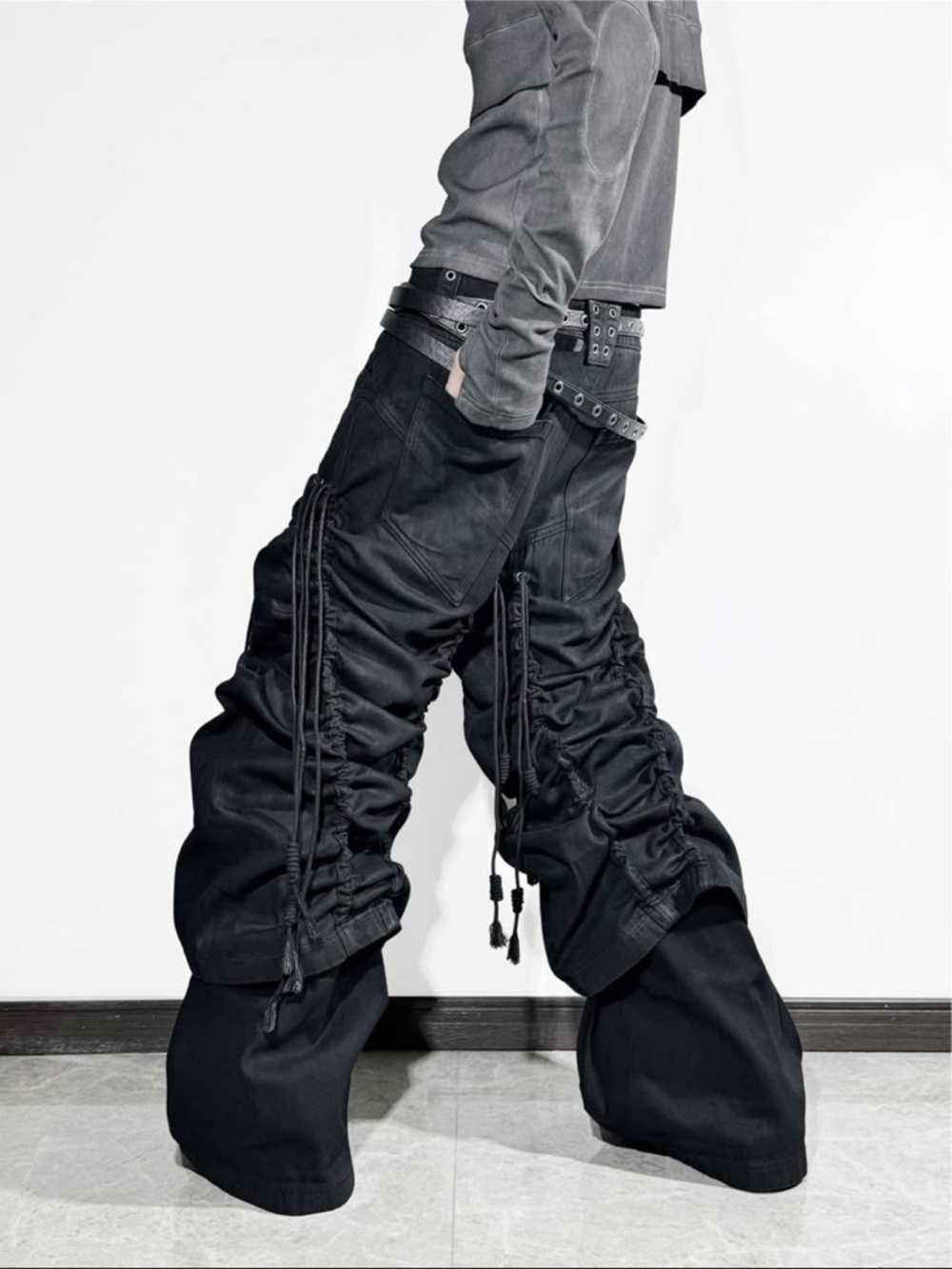 Black Men’s Wide Cargo Pants with Adjustable Drawcords - Picture 2 of 4
